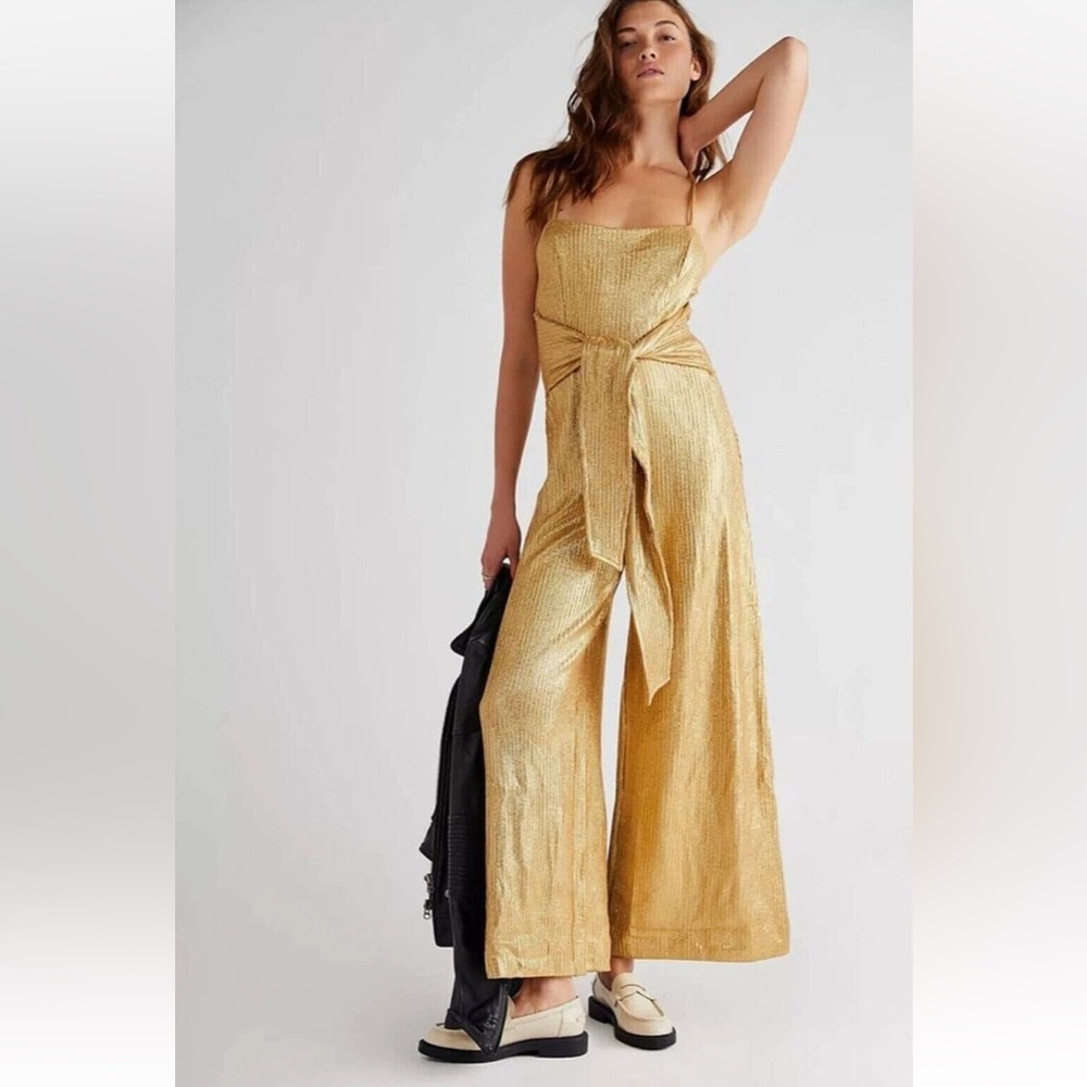 Free People Shimmer and Shine Metallic Bronze Jumpsuit Playsuit size XS